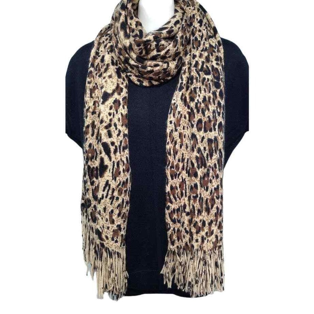Rikka Heavy Animal Print Knitted Scarf with Fringe, Beige, Brown & Black